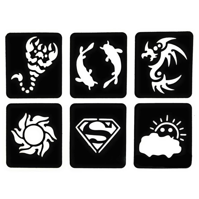 6x Tattoo Schablonen - verschiedene Motive, selbstklebend & wiederverwendbar