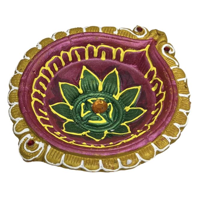 Großes Akhand Diya - Handbemalte bunte Swastik Lehm-Diya für Diwali - 14cm