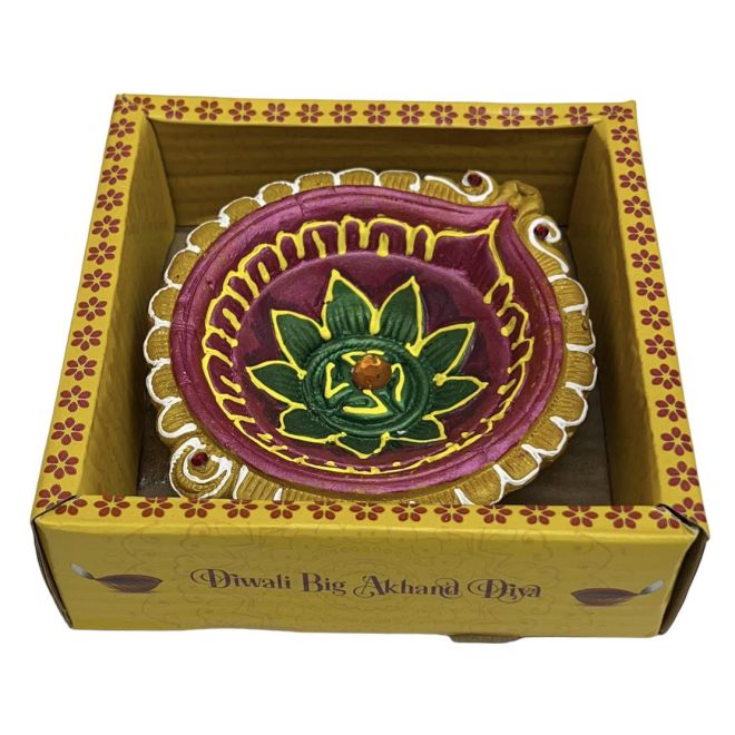 Großes Akhand Diya - Handbemalte bunte Swastik Lehm-Diya für Diwali - 14cm
