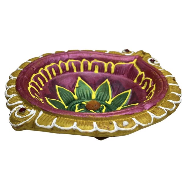 Großes Akhand Diya - Handbemalte bunte Swastik Lehm-Diya für Diwali - 14cm