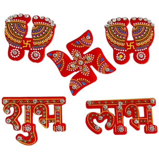 5 Stk. Acryl Shubh Laabh - Laxmi Füsse - Swastik Aufkleber