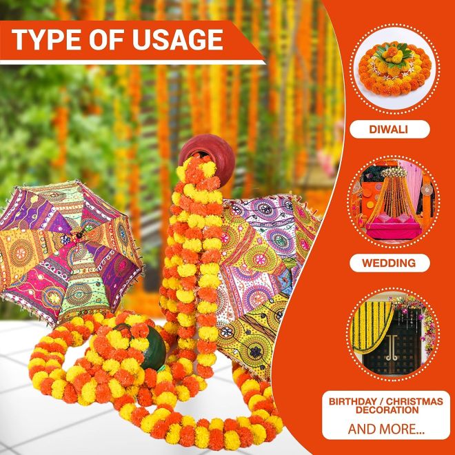 Genda Ladi (Orange) Künstliche Ringelblume, flauschige Blumen, Girlanden für Dekoration - 150cm