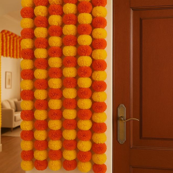 Genda Ladi (Orange) Künstliche Ringelblume, flauschige Blumen, Girlanden für Dekoration - 150cm