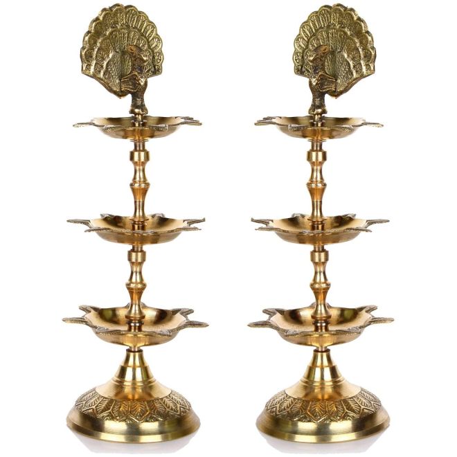Morpankh PanchMahal Brass Diya Oil Lamp, graviert & verstellbar (3 Etagen Öllampe aus Messing)