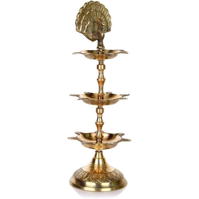 Morpankh PanchMahal Brass Diya Oil Lamp, graviert & verstellbar (3 Etagen Öllampe aus Messing)