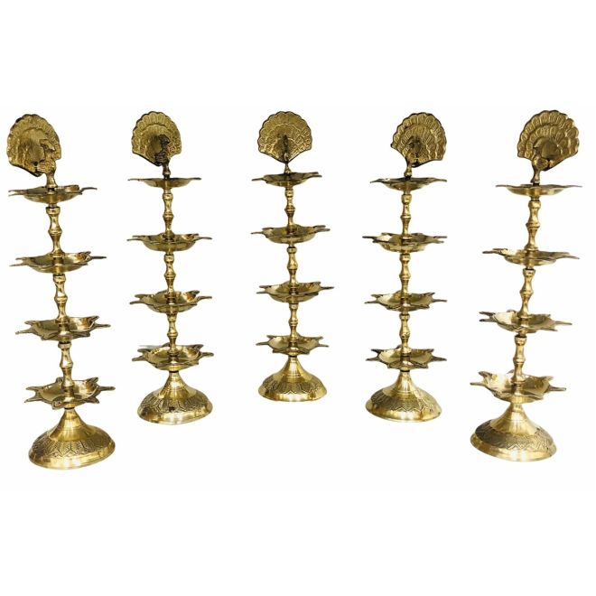 Morpankh PanchMahal Brass Diya Oil Lamp, graviert & verstellbar (3 Etagen Öllampe aus Messing)