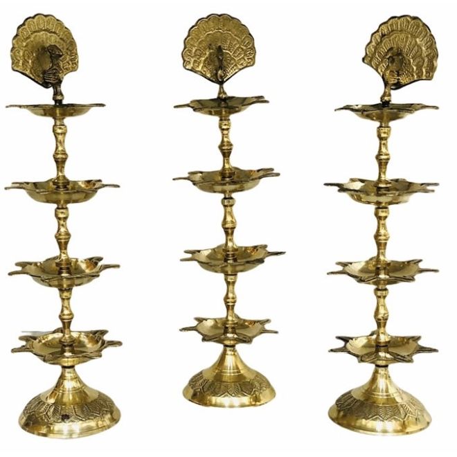 Morpankh PanchMahal Brass Diya Oil Lamp, graviert & verstellbar (3 Etagen Öllampe aus Messing)