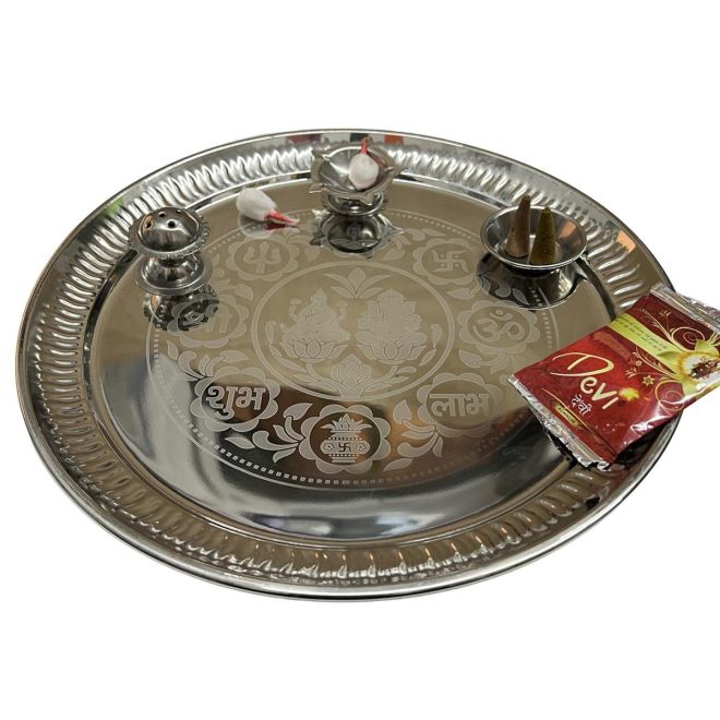 Edelstahl Ganesh-Laxmi Pooja Thali-Set, inkl. Kum Kum-Pulver & Dhoop Kegel (30 cm)