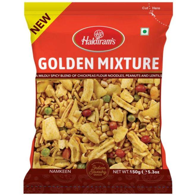 Haldiram Golden Mixture (eine milde, würzige Mischung aus Kichererbsenmehlnudeln, Erdnüssen und Linsen) 150g