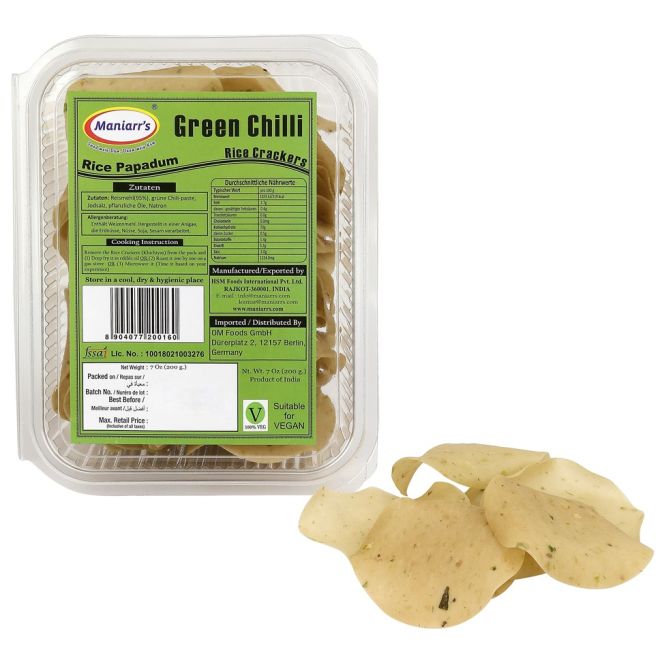 Maniarr Khichiya, Rice Crackers - Green Chilli Garlic (gerösteter Snack) 200g