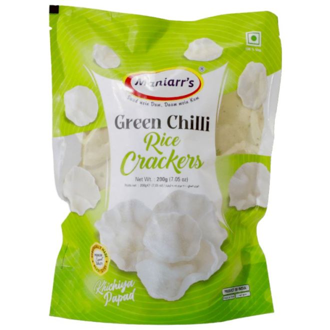 Maniarr Khichiya, Rice Crackers - Green Chilli Garlic (gerösteter Snack) 200g