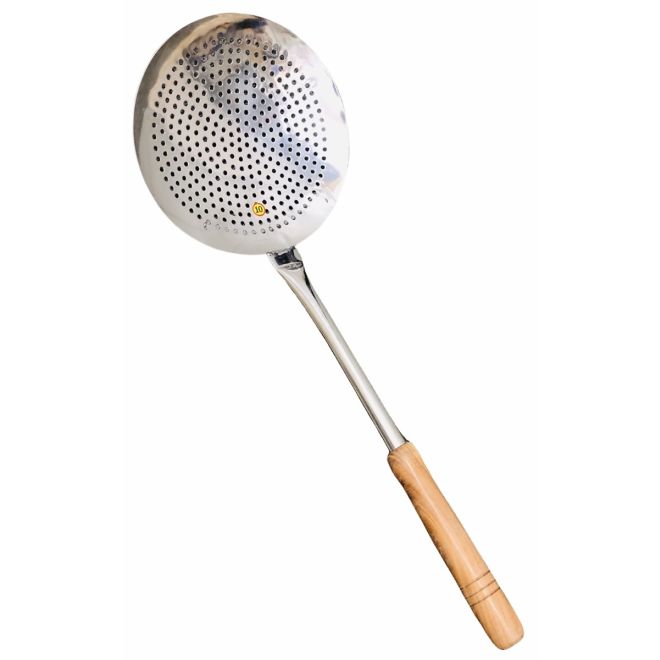 Große Perforierte Schöpfkelle Sieb zum Braten/Frittieren (Edelstahl mit Holzgriff)