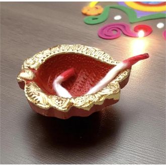 Fancy Leaf Clay Puja Diya with Cotton Wick