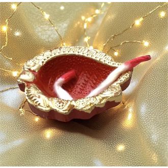 Fancy Leaf Clay Puja Diya with Cotton Wick